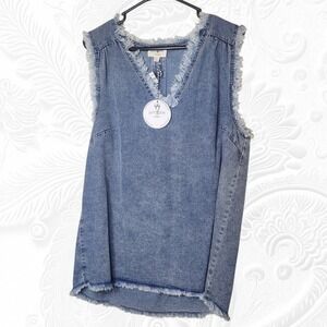 Umgee Denim Distressed‎ Frayed V Neck Sleeveless Tunic Top Women's Medium